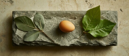 Sticker - A stone plate is used to hold two leaves and an egg.