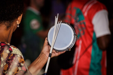 Detail of a tambourine, a percussion instrument, used in samba school parades during Brazil's carnival