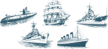 Collection Of Vintage Sailing Ships In The Sea, Hand Drawn Vector.