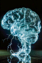 Canvas Print - Blue light brain with white and blue streamers coming from it.