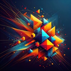 Wall Mural - abstract image featuring a vibrant and dynamic arrangement of geometric shapes in various colors. The composition is brought to life with lines and streaks of light, set against a dark, gradient backg