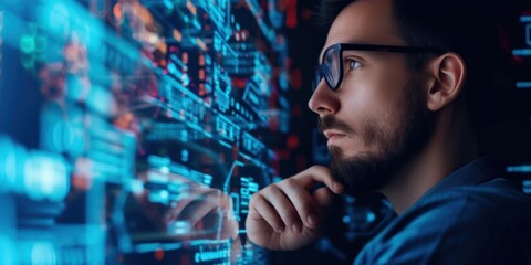 Wall Mural - Man in Glasses Looking at a Computer Screen