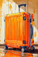 Poster - Orange suitcase with handle and wheels for easy transport.