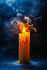 Sticker - Candle with yellow flame is in black foggy environment.