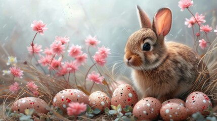  a rabbit sitting next to a bunch of eggs in a field of grass and flowers with pink flowers in the foreground and a blue sky with pink flowers in the background.