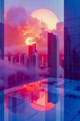 Poster - Cityscape with reflection of the skyline and large sun in the distance.