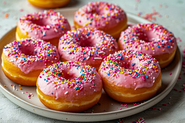 Sticker - Bunch of pink frosted donuts on tray with sprinkles on them.