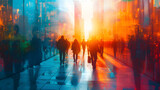 Fototapeta Londyn - Multiple exposure of people walking in the city street in the morning, with a sunrise and people heading to work illustration.