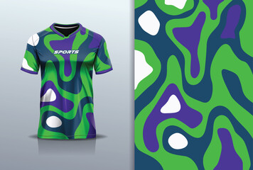 Wall Mural - Sport jersey design template mockup water wave abstract line for football soccer, racing, running, e sports, green purple color