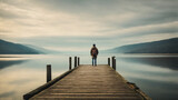 Fototapeta  - person standing alone on a dock looking out over the vast ocean landscape