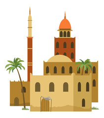 Wall Mural - Middle east. Arabic desert with traditional mud brick houses. Ancient building. Flat illustration