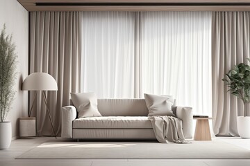 Poster - Interior design of a modern room with a sofa, pillows, curtains, and a plant