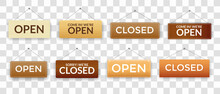 Open And Closed Signboards Icon Set. Announcement Banner, Information Signage, Board. Wooden Hanging Door Sign For Cafe, Restaurant, Bar Or Retail Store. Illustration