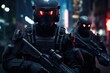 Soldiers on Night Patrol in City Streets, Stealth Guardians, Elite troops equipped with high-tech face masks and advanced stealth gear, AI Generated