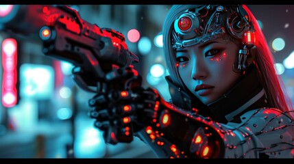 Wall Mural - Mysterious Cyborg woman character cybernetic ninja, cyberpunk concept AI generated image