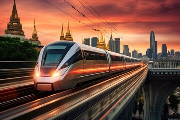 Poster - A high speed train races through a bustling city, leaving a trail of motion blur in its wake, The high-speed train in Bangkok, Thailand, races through the city, AI Generated