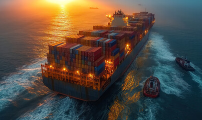 a cargo ship transports containers by sea.