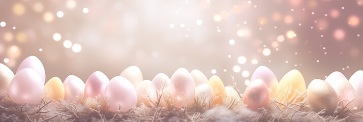 Wall Mural - Delicate Easter eggs with soft glowing lights banner. Panoramic web header. Wide screen wallpaper