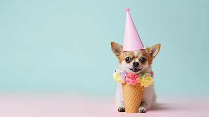 Wall Mural - small dog in party cone hat necklace bowtie outfit isolated on solid pastel mint background advertisement, copy text space. Generative AI