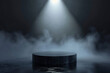 Empty product display podium in 3D, black pedestal, fog, single spotlight