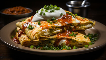 Canvas Print - Grilled beef taco with homemade guacamole and sour cream generated by AI