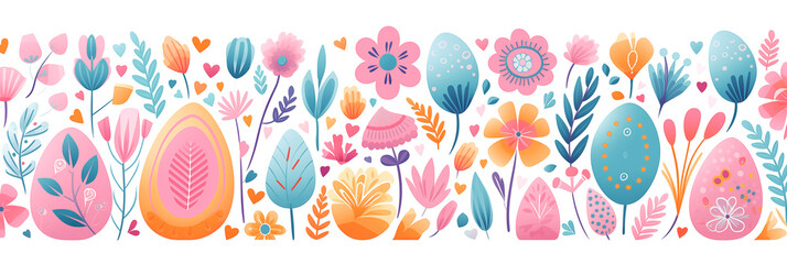 Wall Mural - Vibrant, illustrated Easter banner with flowers and eggs, delightful boho illustration, artistic doodle. Panoramic web header. Wide screen wallpaper