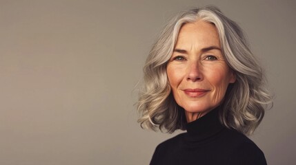 Canvas Print - A delightful image of a senior Caucasian woman, her stylish grey hair and beautiful wrinkles accentuated in a studio setting.