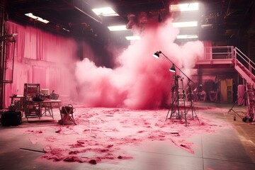 A stage set with smoke enveloping a microphone, creating an atmospheric ambiance for an engaging and captivating performance, Pink film set, Film shooting, AI Generated