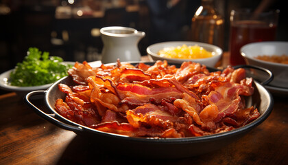 Canvas Print - Grilled pork slice on wooden plate, healthy meal generated by AI