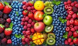 Fototapeta Most - Freshest most nutritious foods around. A diverse selection of ripe and vibrant fruits is meticulously arranged on a table, showcasing their natural colors and textures.