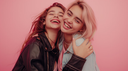 Two young beautiful girls hugging, laughing and smiling against a flat pastel pink background, Ai generated image