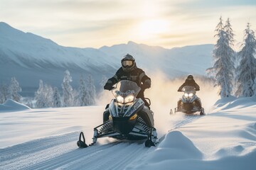 A couple of people joyfully ride on the back of a snowmobile, surrounded by pristine snowy scenery, winter active holiday snowmobiling, AI Generated