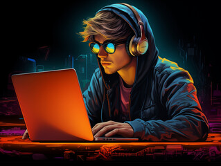 Wall Mural - Cool young man working on laptop, illustration generative AI