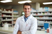 A pharmacist wearing a white lab coat stands in a pharmacy, ready to assist patients with their medical needs, Portrait of a cheerful handsome pharmacist leaning on counter at drugstore, AI Generated