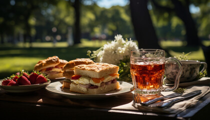 Canvas Print - Freshness and indulgence on a picnic table generated by AI