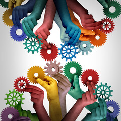 Leinwandbilder - United employees and worker unity as a group of diverse people using gears and cogs to connect as a strong collaborative company working together as connected team