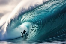 Experience The Exhilaration Of A Man Skillfully Riding A Wave On His Surfboard, Surfer On Blue Ocean Wave In The Tube Getting Barreled, AI Generated