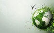 Eco-friendly travel concept: green foliage forms airplanes and cityscape, illustrating nature conservation and sustainable aviation