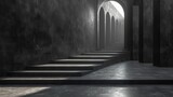 Fototapeta Perspektywa 3d - An eerie fog envelops the symmetrical outdoor staircase, casting shadows in monochrome light as it leads to a mysterious tunnel within the building