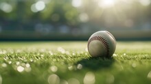 Close Up Baseball Ball Sport On Grass With Blur Background. AI Generated Image