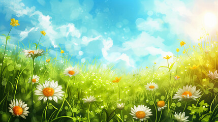 Sticker - meadow with daisies. illustration of a summer background