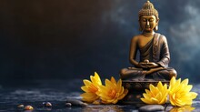 A Buddha Statue With Yellow Lotus Flower Empty Space. AI Generated Image