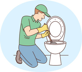 Plumber is repairing toilet bowl using plunger to clean pipes after clogged sewer. Man from plumbing company is on knees removing blockage from toilet bowl