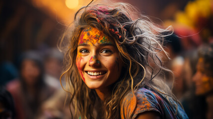 Wall Mural - Holi festival of colors. Portrait of a happy Indian girl. Festival of bright colors.