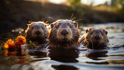 Canvas Print - Cute small mammal looking at camera in water generated by AI