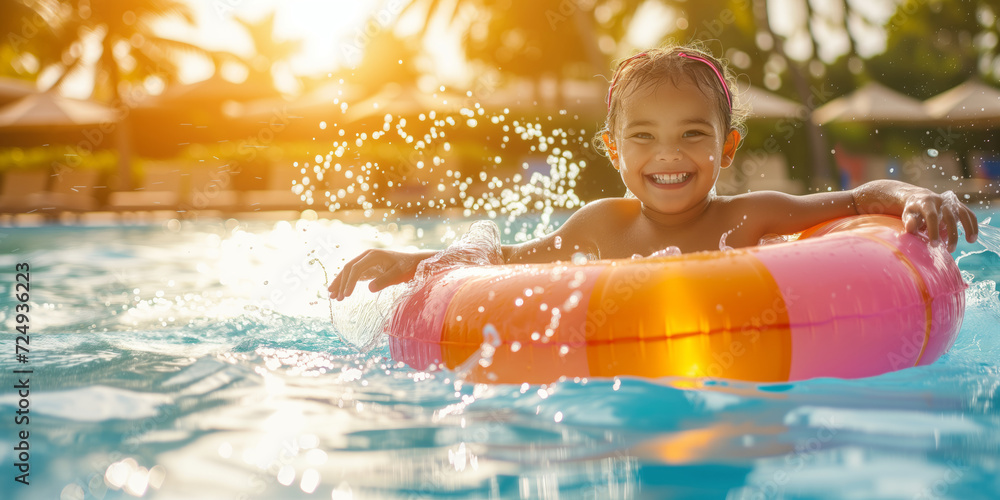 Child playing in swimming pool with colorful floating toy. Little child ...
