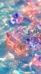 Wall Mural - A magical scene brightly colored diamonds in a dreamy palette,  light pink, light blue, and clear diamonds gracefully floating in light blue water.