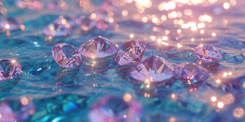 Wall Mural - A magical scene brightly colored diamonds in a dreamy palette,  light pink, light blue, and clear diamonds gracefully floating in light blue water.