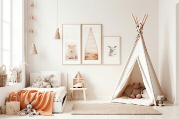 Poster - White wall with an empty vertical picture frame in a contemporary kids' room. Boho inspired, Scandinavian interior design mockup. Copy space that is free for your image. bed and toys cozy space for ch