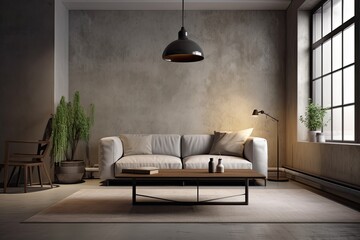 Two coffee tables and a long sofa may be found in an industrial living room. A wall with enough room for a mockup